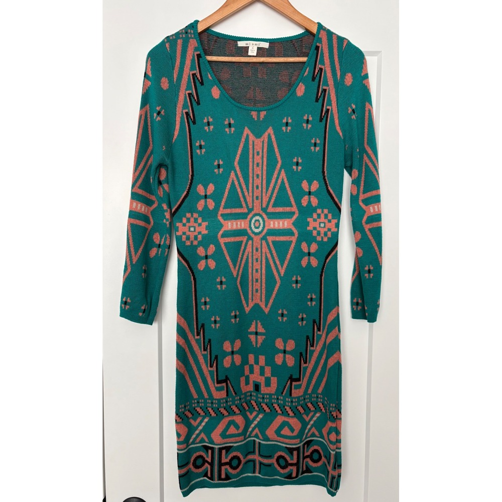 Whimsigoth Southwestern Aztec Cowgirl Teal Pink Knit Dress Long Sleeve L